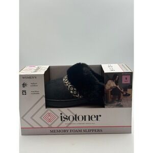 Isotoner Womens Black Memory Foam Slippers Faux Fur Trim Clog 08596BLK6/7 Size S